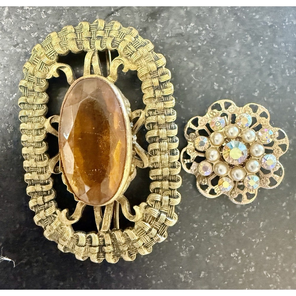 Vintage Brass Amber Colored Glass Floral & Rhinestone Brooches Pins